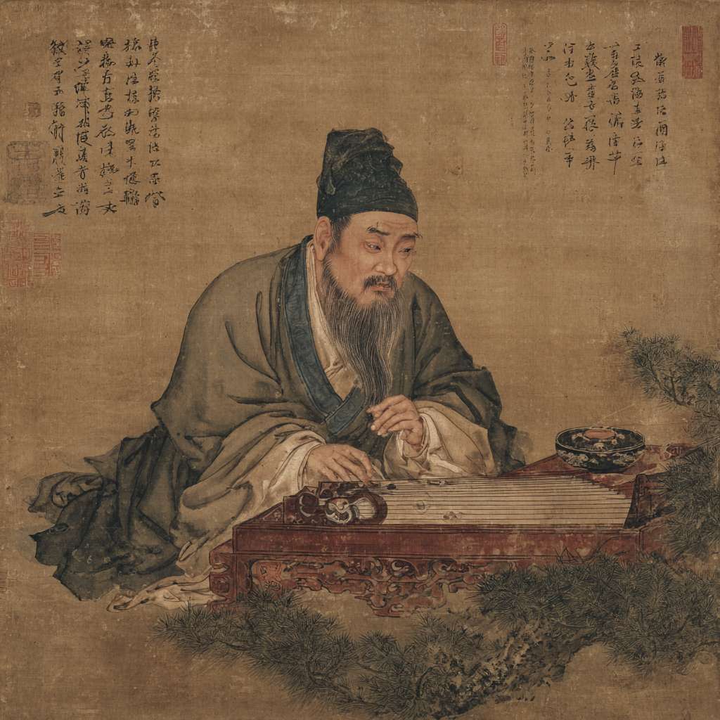 鹦鹉洲头，古色古香的桌案上，一只中年男人的手抚在古琴上 --ar 1:1 --v 7 --stylize 100 --fast --no 水印