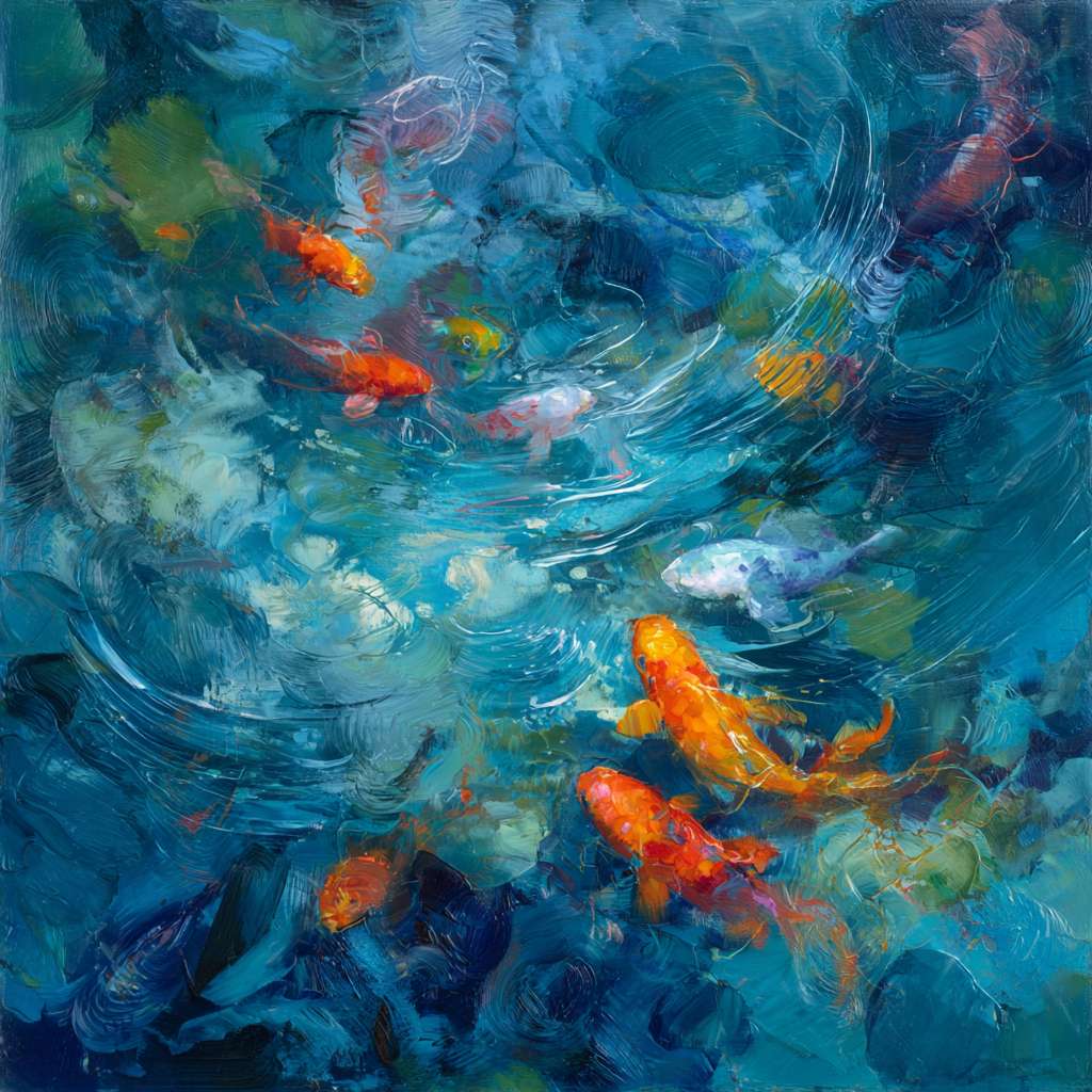 Dreamy blue depths with iridescent patterns and vivid koi, expressive strokes for motion and light, abstract. --ar 1:1 --v 7 --stylize 100 --fast