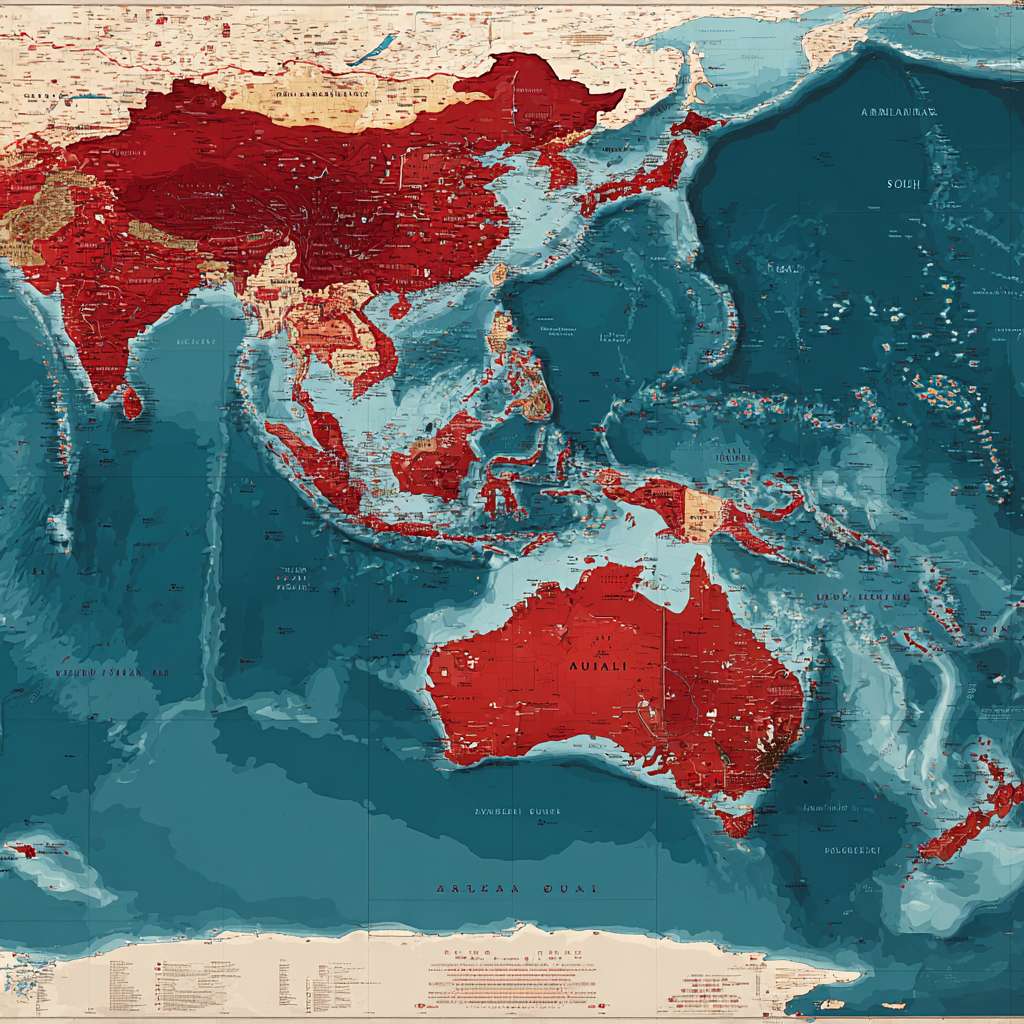 一幅专业地缘政治地图，维多利亚时期地图集风格，1948年。新明帝国领土用深红色标出：包括马来半岛、苏门答腊、爪哇、婆罗洲、苏拉威西及整个印度尼西亚群岛、澳大利亚、新西兰。其托管领土用浅红色标出：包括巴布亚新几内亚、所罗门群岛、瓦努阿图、斐济、萨摩亚。马六甲海峡和巽他海峡被突出显示。边界清晰，与蓝色海洋形成鲜明对比。 --ar 1:1 --v 7 --stylize 100 --fast --no 水印