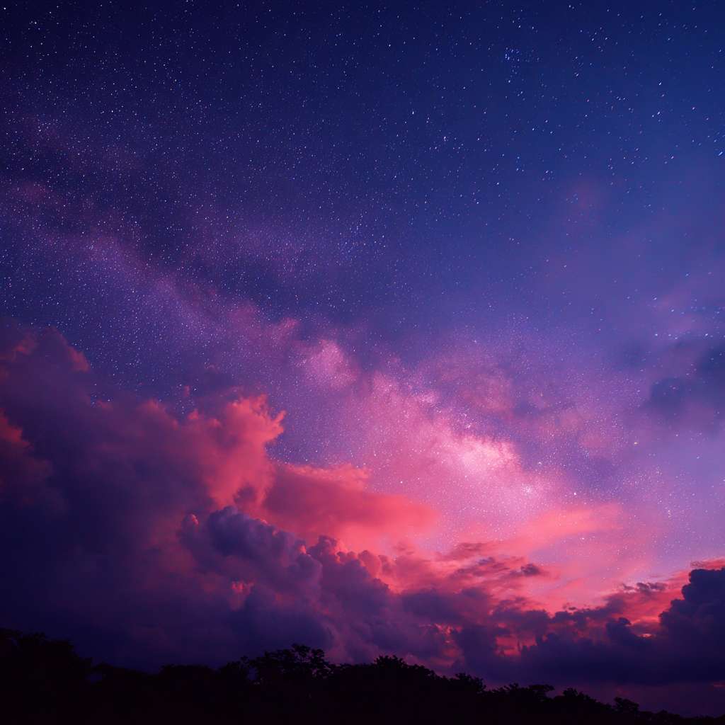 生成一张天空链接星空的图片，有红紫色的晚霞，蓝色的天空。 --ar 1:1 --v 7 --stylize 100 --fast --no 水印