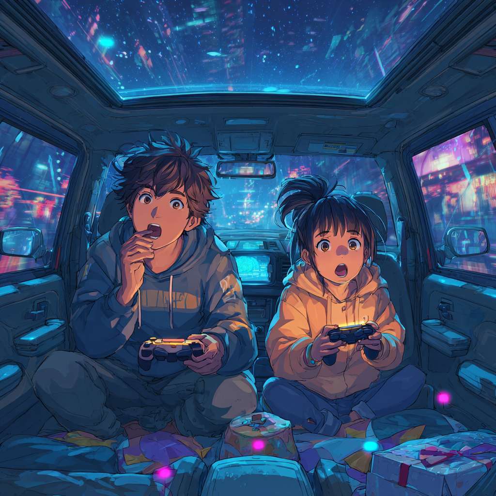 环境:夜晚的车内空间,天窗/顶棚变为悬浮的透明OLED屏幕,散发着幽蓝的科技光晕
人物:
左侧穿连帽卫衣的卷发少年,紧张地咬着下唇猛按手柄
右侧扎高马尾的少女突然高举游戏手柄欢呼,橙红发丝掠过邻座脸颊
细节:
顶棚屏幕显示着像素风游戏《星海巡航者》的BOSS战画面
前后座椅间隙散落着彩虹糖包装纸和发光数据线
车窗映出远处城市霓虹,与车内27个浮动在空中的游戏成就光标形成双重星空
氛围:手柄按键泛起涟漪状光波,车载香薰吐出全息粒子,整个空间如同沉浸式游戏舱 --ar 1:1 --v 7 --stylize 100 --fast --no 水印
