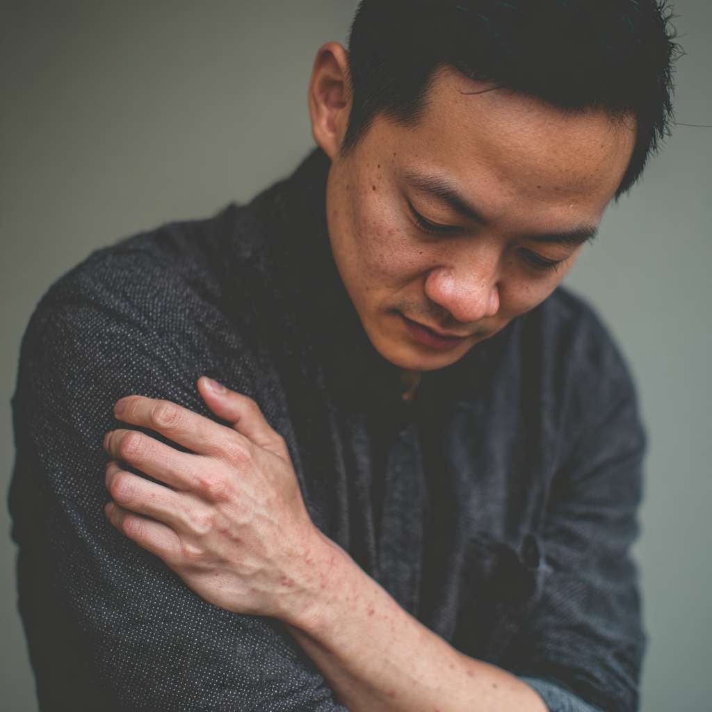 A picture of an Asian person peacefully slapping their cubital fossa --ar 1:1 --v 7 --stylize 100 --fast