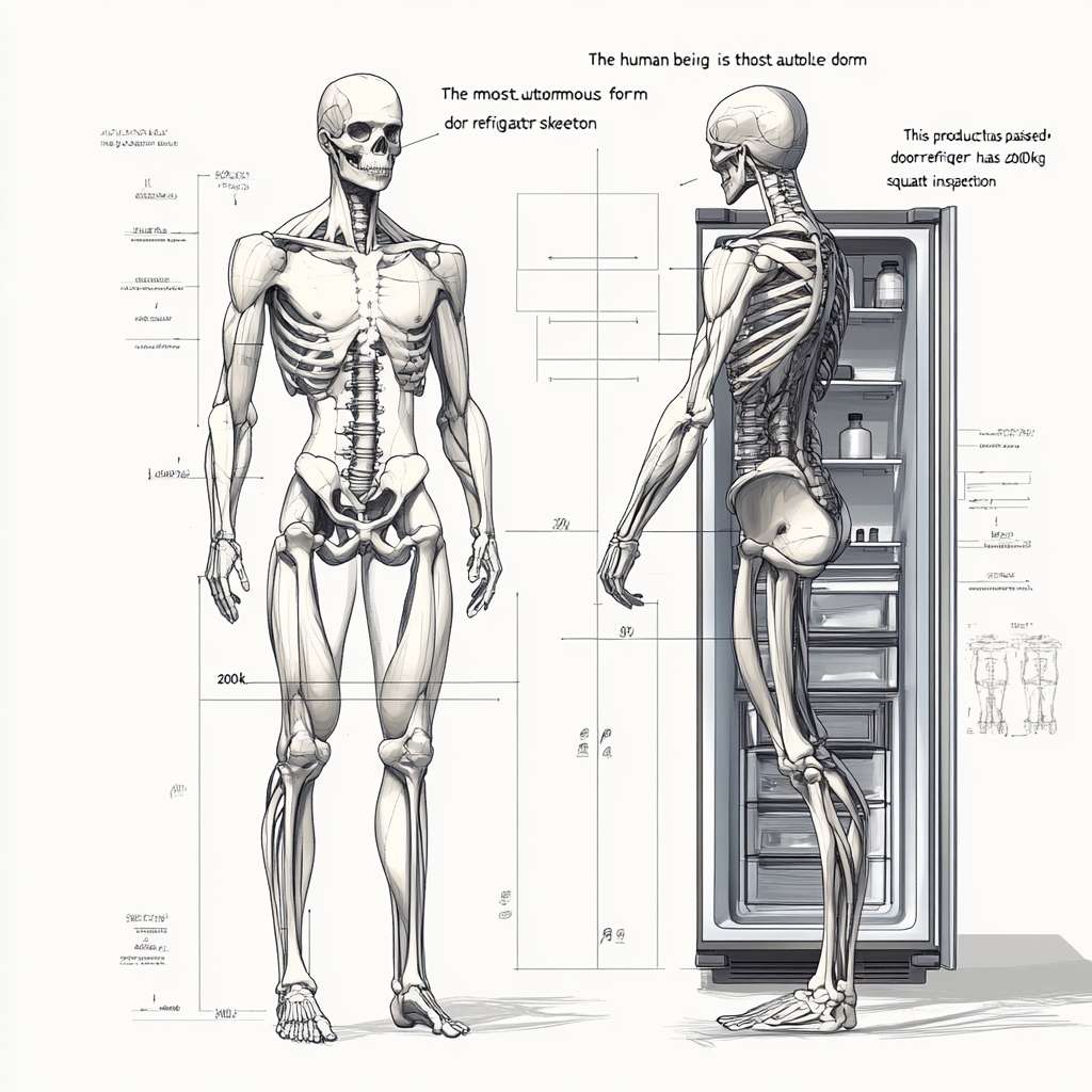 请帮我参考下列文字 绘制一张男生减肥成双开门冰箱骨架的图。「人类究极自律形态一—双开门冰箱骨架」设计说明书
核心特征(科学夸张版):
1. 肩背结构
。斜方肌一冷冻室上层隔板(45°直角线条)
。三角肌>冰箱门铰链造型(球形关节金属光泽)
。背阔肌>双侧冷凝管纹路(肌肉血管模拟散热器)
2.腰部对比
。公狗腰一冰箱压缩机凹陷区(带LED能量蓝光特效)
3. 骨骼魔改
。锁骨一不锈钢拉丝把手(刻有BMl≤18的刻度)
。肋骨>6层玻璃储物搁架(透过皮肤可见蛋白粉囤货)
灵魂细节:
•头顶弹出式体脂率品示屏(数宇滚动:5.0%=4.9%->4.8%….)
•脚踝处贴着健身房条形码(扫码显示:"本产品已通过 200kg深蹲质检") --ar 1:1 --v 6.1 --stylize 100 --fast