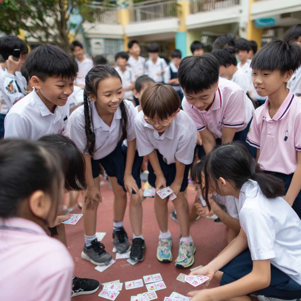 一班小六穿校服的學生們在校園裡圍成一個半圓形，以瀕危動物為主題，學生們一起遊玩瀕危動物圖案的卡牌遊戲 --ar 1:1 --v 7 --stylize 100 --fast --no 水印