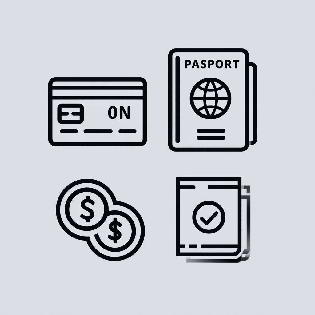 Infographic comparing HSBC/BOC/ZA Bank, icons: ID card, passport, coins, no fee tag, clean minimalist
（汇丰/中银/众安银行对比+证件/免费用图标） --ar 1:1 --v 7 --stylize 100 --fast --no 水印
