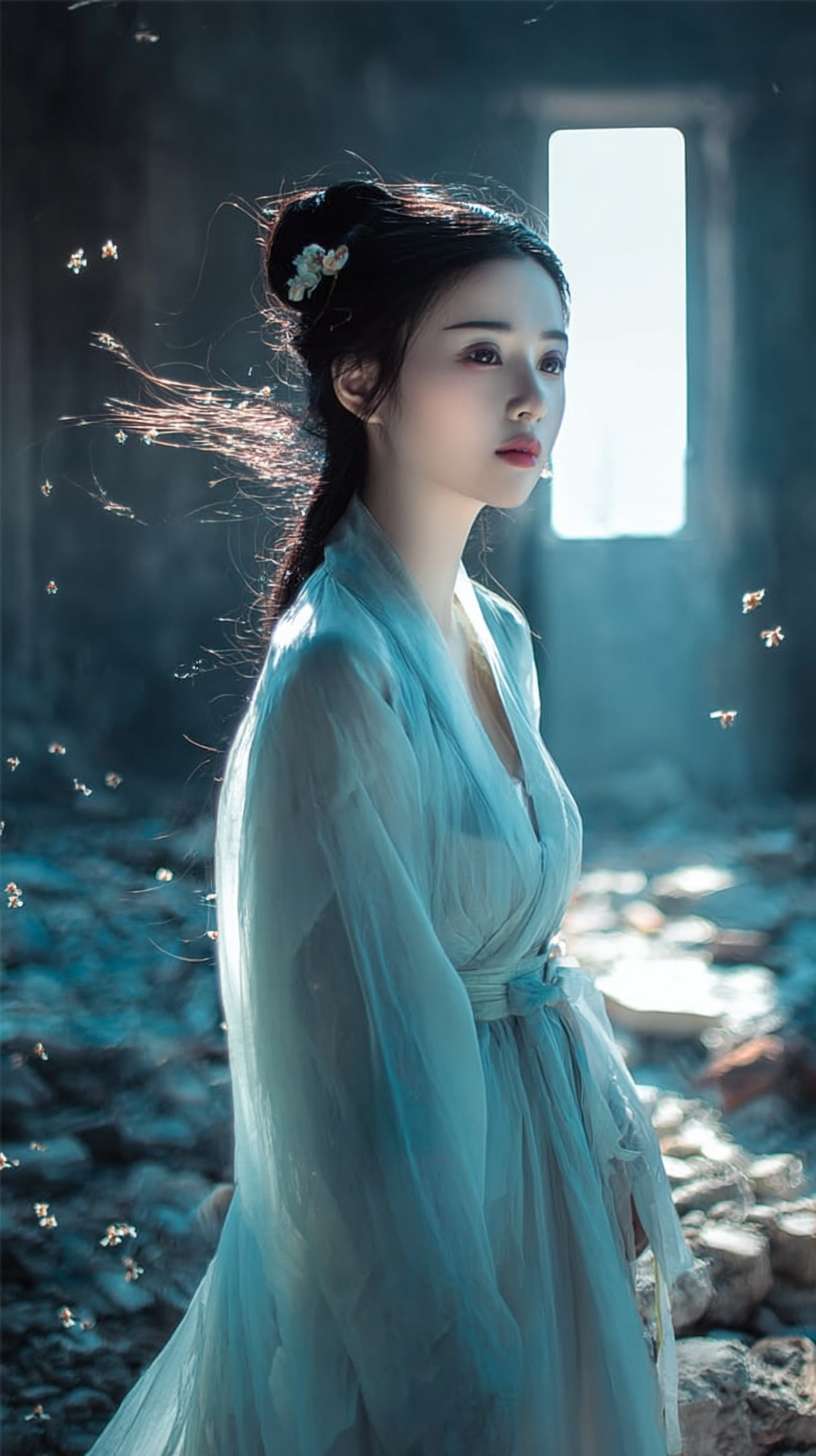 https://img-xpc-mj0.xpccdn.com/prod/upload/35ce1756-e72d-4acc-8abc-e94799361163/%E5%8F%82%E8%80%83%E5%9B%BE.webp~tplv-5yakomv5zn-auto-v1%3A1024%3A0%3Aq75.jpg 中景，破败古寺内部，蛛网密布，残破的佛像表情诡异，月光从破窗照入，一个身穿飘逸青衣的古风绝美女子，面容苍白柔美，眼神哀怨，从阴影中走出，电影灯光，微恐怖氛围，工笔画细节，正面镜头，画面干净。 --ar 9:16 --v 7 --stylize 100 --fast --iw 1 --no 水印