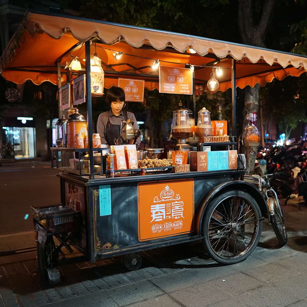 一个真实奶茶摆摊三轮车，三轮车台面全都是不锈钢材质的，专门定制不锈钢的架子和灯光广告，并且三轮车上有奶茶的菜单广告，奶茶摆摊主是个漂亮发女生 --ar 1:1 --v 7 --stylize 100 --fast --no 水印