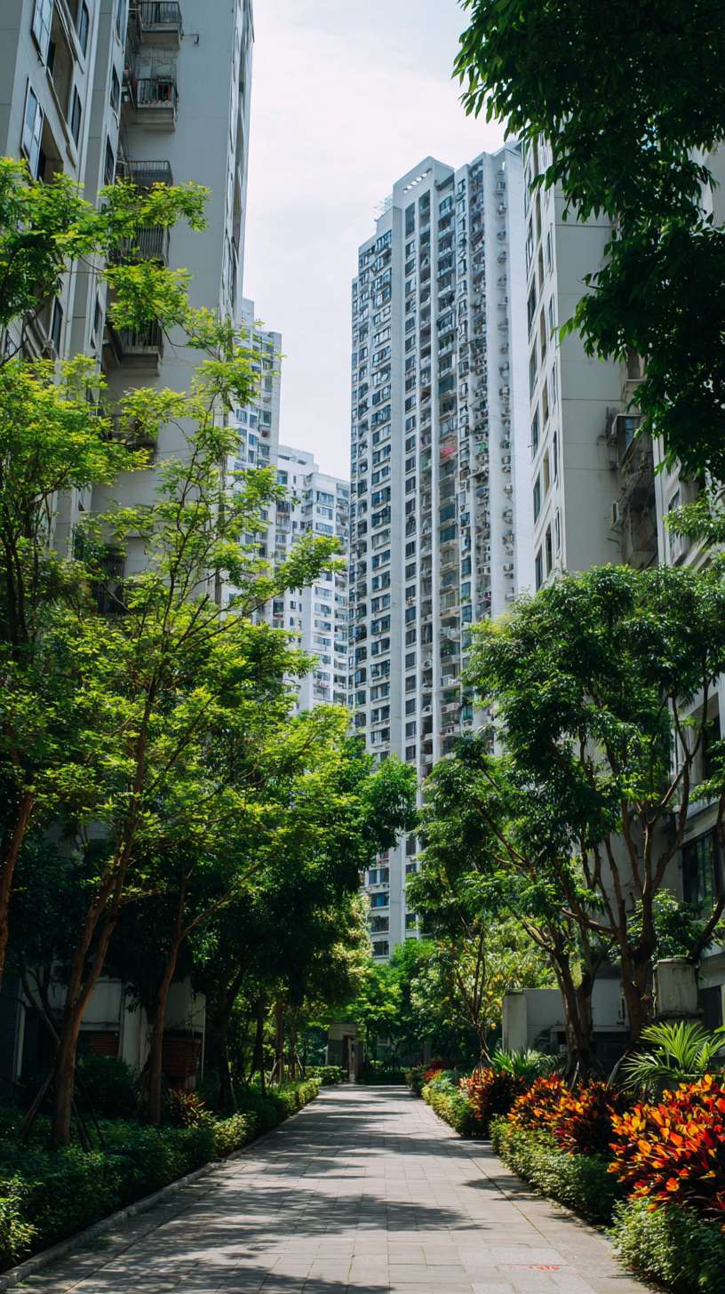 充满生机的城市绿化景观：郁郁葱葱的行道树、小区内的绿荫 --ar 9:16 --v 7 --stylize 100 --fast --no 水印