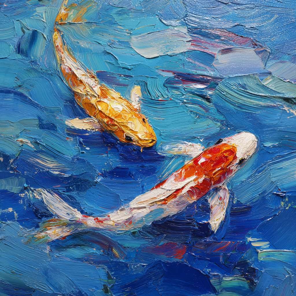 Surreal koi in a sea of blue, 五彩光影 creating ethereal patterns, thick impasto for water, thin lines for fish movement, oil. --ar 1:1 --v 7 --stylize 100 --fast --no 水印