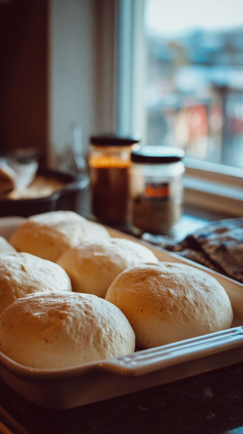 3厨房台面，白色陶瓷烤盘，上面摆着 6 个姜饼人面团，旁边有肉桂粉罐子，窗外能看到圣诞树一角，暖光特写 --ar 9:16 --v 7 --stylize 100 --fast --no 水印