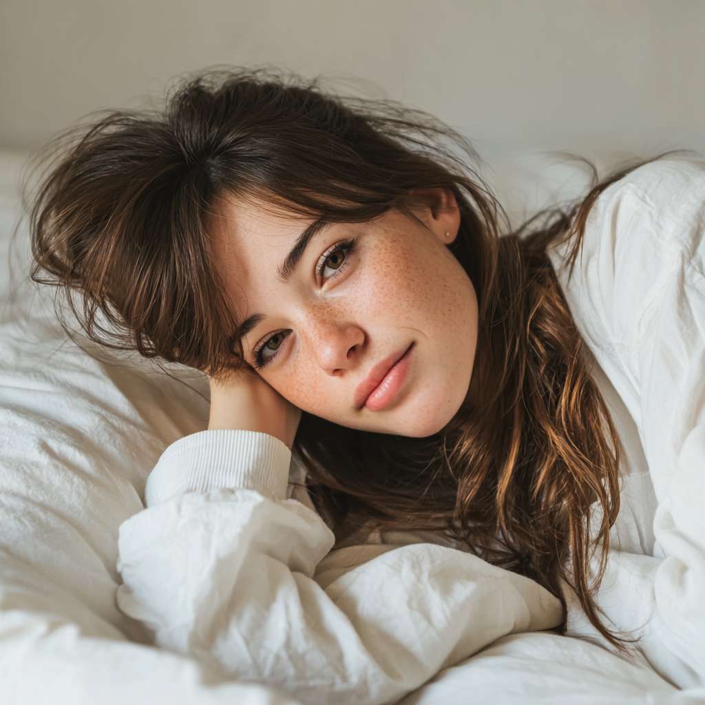 女士躺在白色柔软的床垫上 --ar 1:1 --v 7 --stylize 100 --fast --no 水印