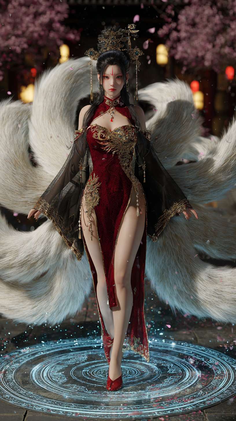 Front view full-body portrait of a nine-tailed fox spirit, East Asian beauty with waist-length flowing black hair, silver phoenix hairpin piercing through intricate butterfly bun, wispy strands framing diamond-shaped face. Captivating phoenix eyes with gold eyeliner extending to temples, crimson huadian forehead dot. Voluptuous figure in a high-collared qipao: crimson silk bodice with metallic golden fenghuang embroidery, sheer black chiffon sleeves revealing arms, thigh-high slit showing leg contour through translucent fabric, jade belt with dangling pearl tassels. Nine enormous fluffy tails radiating from lower back - three coiled on floor, six arcing upward with ethereal blue stardust trails. Bare feet with red toe polish stepping on glowing rune circle, gold anklets. Mystical moonlit courtyard setting, cherry blossom petals swirling, cinematic volumetric lighting, ultra-detailed 8K photorealism --ar 9:16 --v 7 --stylize 100 --fast