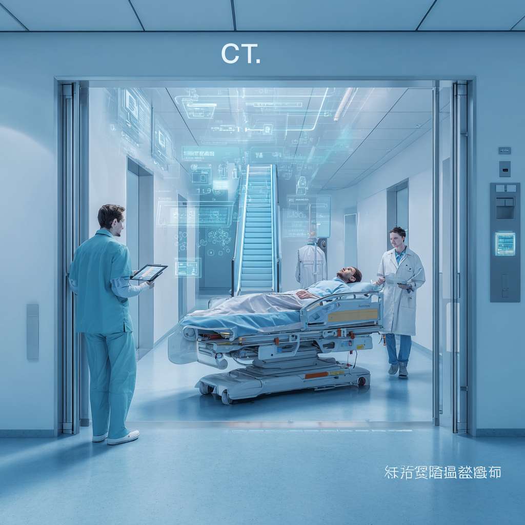 现代医院ICU走廊场景，科技感，浅蓝色调，整洁明亮。一名重症患者躺在智能移动床上，床体配备激光雷达和传感器，正在自动导航。一名护士手持平板电脑远程监控。移动床正在避开一名路过的医生。背景有电梯和指示牌，显示“CT室”。空中悬浮全息投影显示生命体征和路径规划图。风格写实，细节精致，光线柔和，有医疗科技感。 --ar 1:1 --v 7 --stylize 100 --fast --no 水印