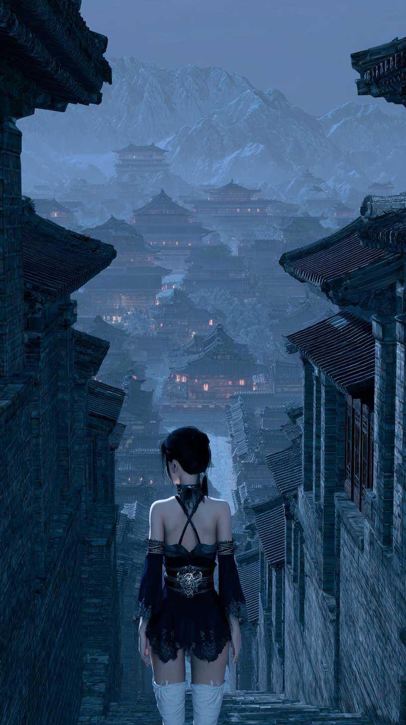 The scene is extremely faint, depicting an Eastern girl dressed in Tang Dynasty clothing, with delicate features, snow-white skin, torn black strapless skin, prominent collarbones, slender legs, torn white stockings, a dark classical style, and a mysterious emblem on her belt; Night view, ancient city walls, towering snow capped mountains behind, eerie ancient city, misty cobblestone alleys. --ar 9:16 --v 7 --stylize 100 --fast