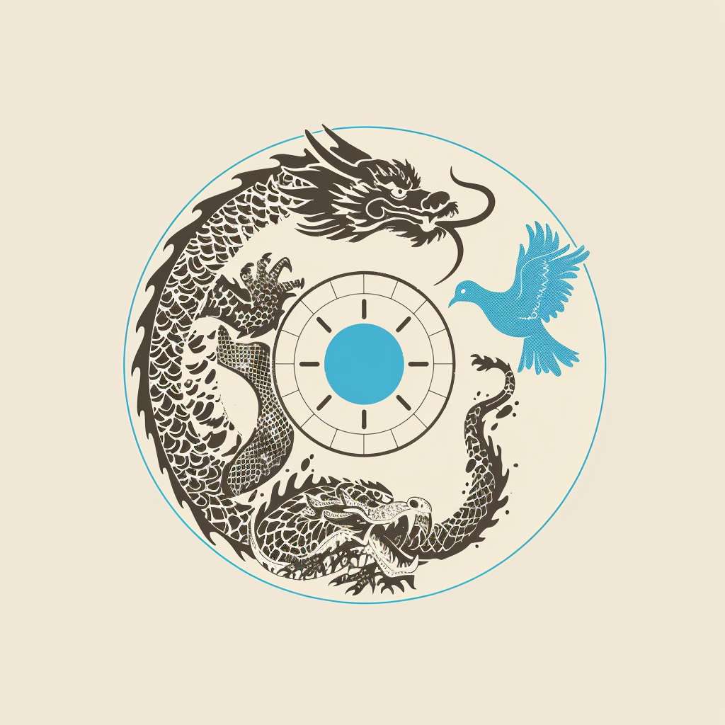``prompt
Minimalist round badge for T-shirt sleeve, Yin-Yang concept: Chinese dragon head and Thailand snake head merged as one, IPSC target center, thin blue peace dove outline, monoline art, single color imprint --ar 1:1 --v 6 --stylize 100 --fast --no gradient