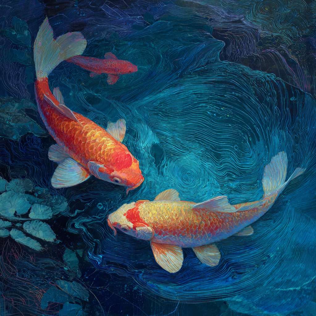 Surreal blue aquarium with koi shimmering in rainbow light, bold strokes for ripples, delicate strokes for fish details, abstract. --ar 1:1 --v 7 --stylize 100 --fast