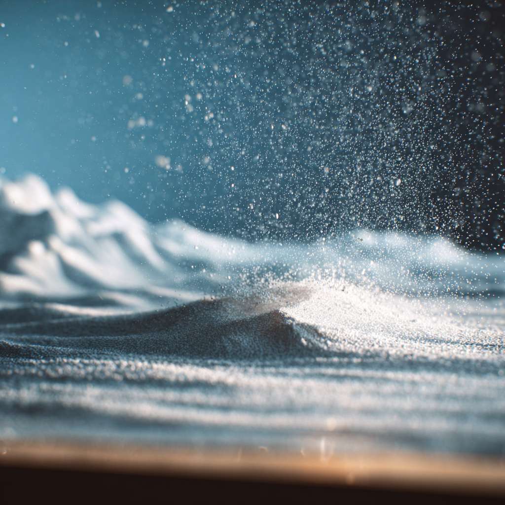 Realistic macro photography,high-speed shutter capture,delicate white powder particles slowly falling from a height,forming continuous mountain ranges on the table., --ar 1:1 --v 7 --stylize 100 --fast
