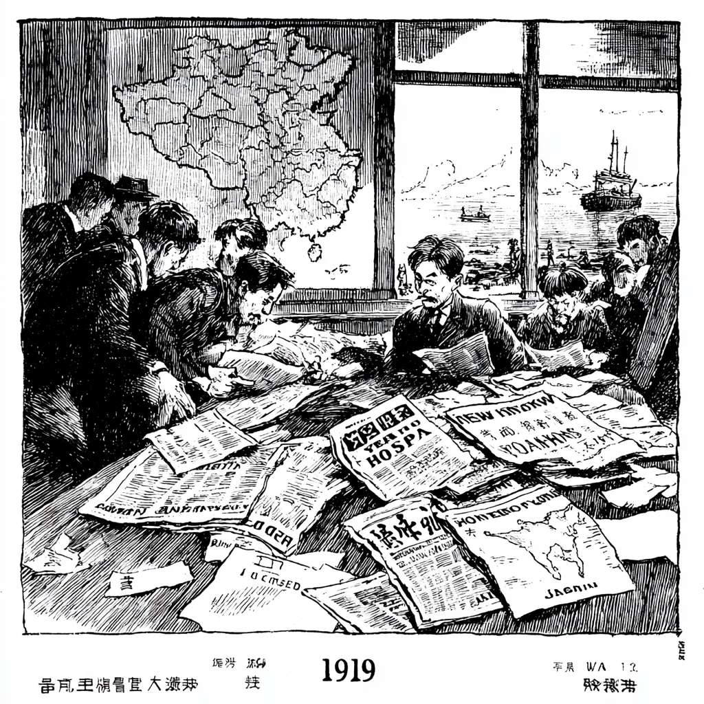 "1919年北大男生宿舍，愤怒的中国青年紧攥报纸，报纸头条英文'SHANDONG LOST TO JAPAN'，墙上的中国地图标记山东，桌上散落《新青年》杂志，窗外阴云密布，简笔画风格， --ar 1:1 --v 7 --stylize 100 --fast --no 水印