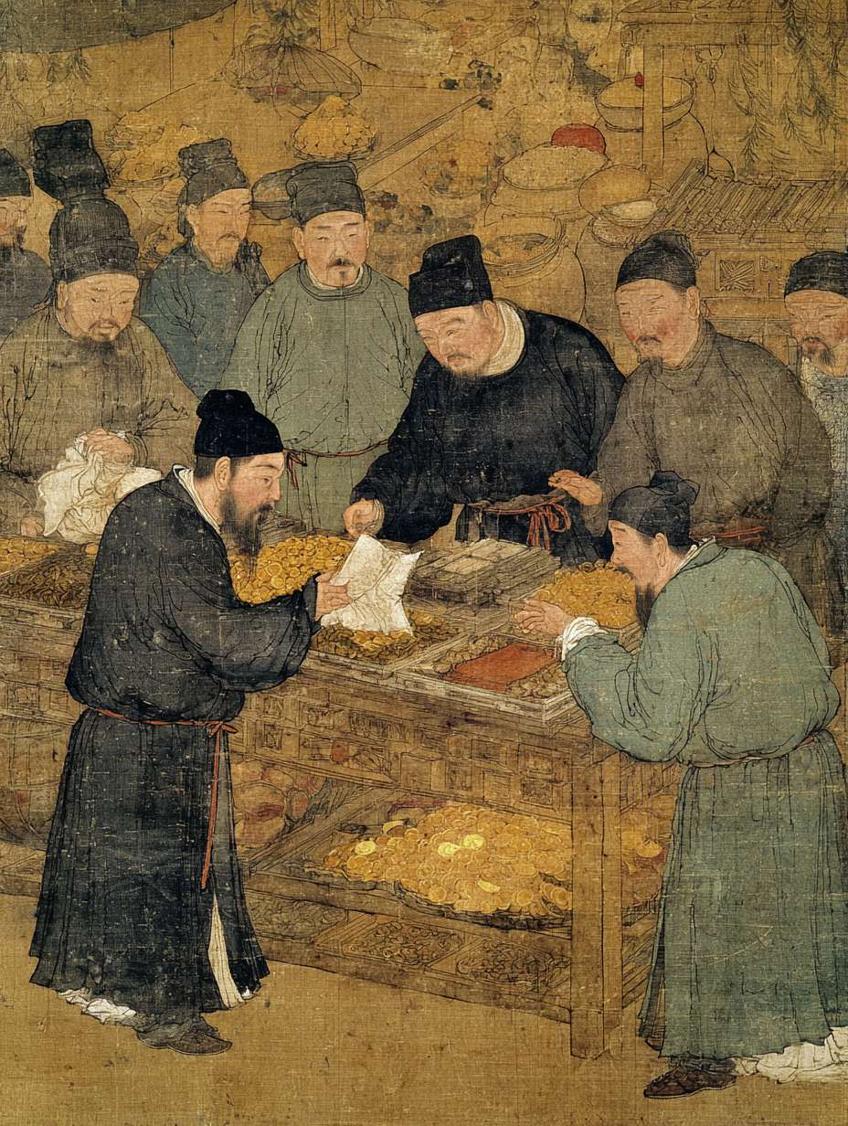 宋代官员向商铺掌柜收取税费的场景，官员手持账本表情严肃，掌柜不情愿地交出铜钱，古代市集背景，灰黄色调，工笔画风格 --ar 3:4 --v 7 --stylize 100 --fast --no 水印