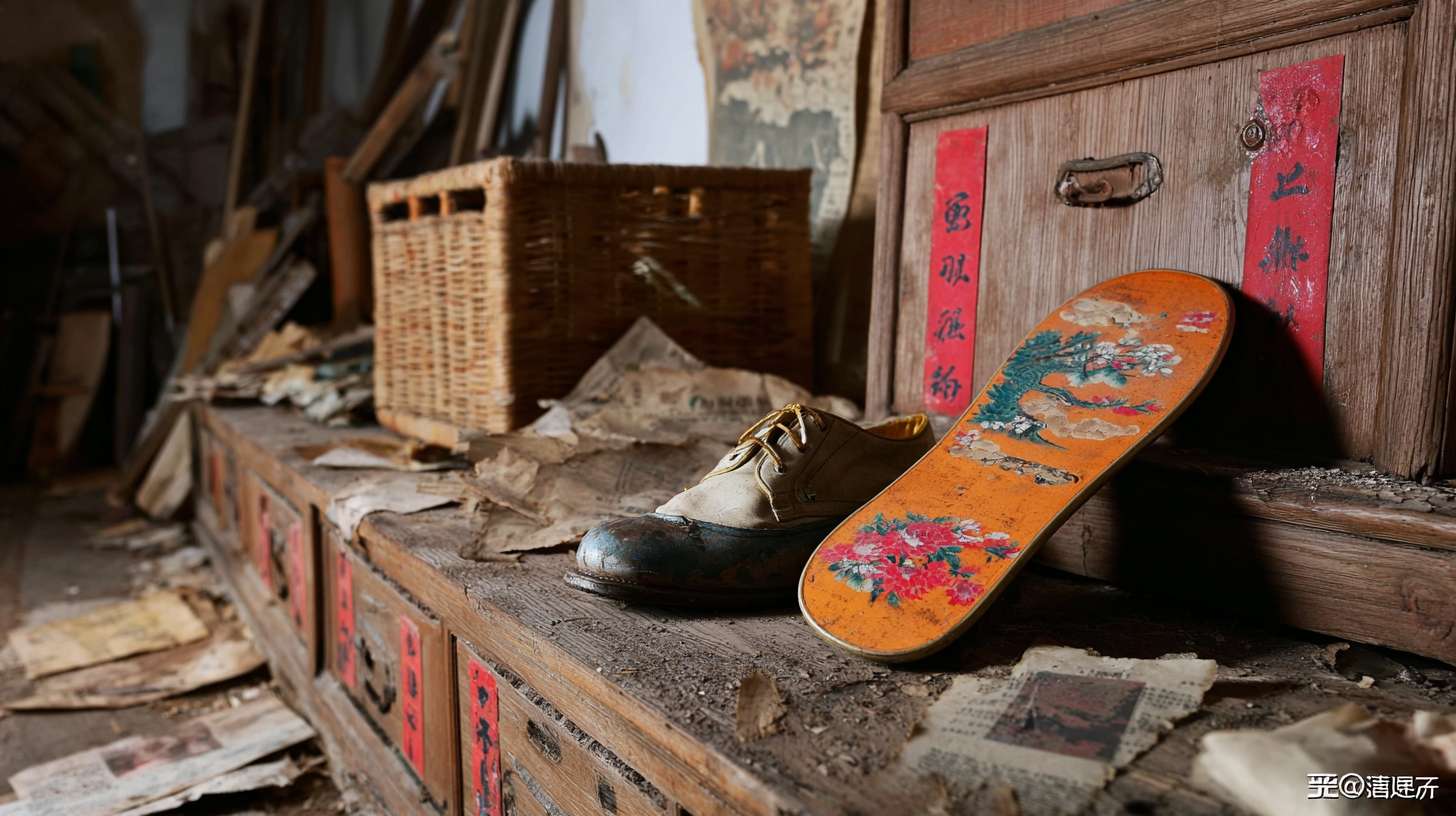 https://img-xpc-mj0.xpccdn.com/prod/upload/98677ad4-1d7d-4b12-b527-0e8a8f4f1793/%E6%8F%8F%E8%BF%B0%E6%9C%A8%E5%B1%90%E9%9E%8B%E5%9C%BA%E6%99%AF.png~tplv-5yakomv5zn-auto-v1%3A1024%3A0%3Aq75.jpg 单只、一只 木屐鞋在老宅阁楼，堆满旧衣柜，藤箱和散落的报纸， --ar 16:9 --v 7 --stylize 100 --fast --iw 1 --no 水印