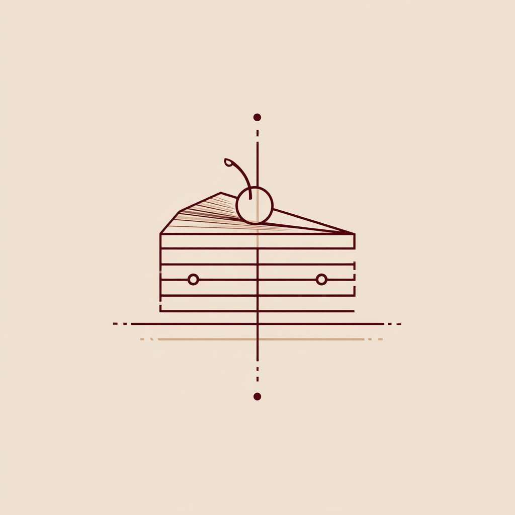A minimalist logo, a tall thin-line triangle with two horizontal lines inside representing cake layers. A single dot on top for a cherry. Elegant, line art, single color. --ar 1:1 --v 7 --stylize 100 --fast