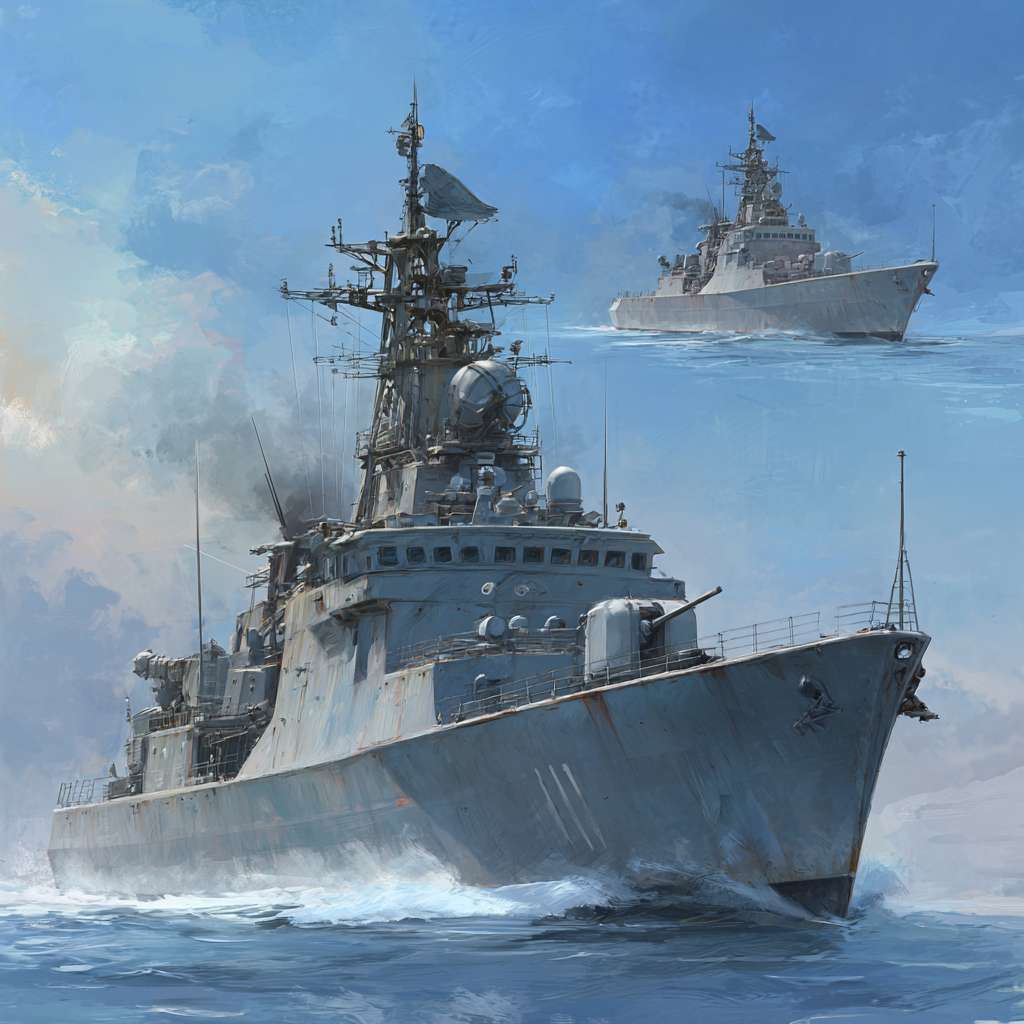 两艘驱逐舰相互追逐 --ar 1:1 --v 7 --stylize 100 --fast --no 水印,水印