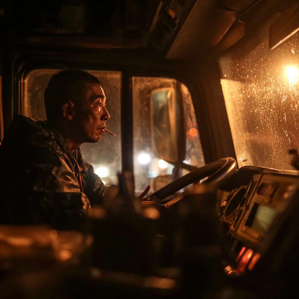 大货车，夜间形式，驾驶舱内，高中生短发和开车的司机40岁，抽着烟 --ar 1:1 --v 7 --stylize 100 --fast --no 水印