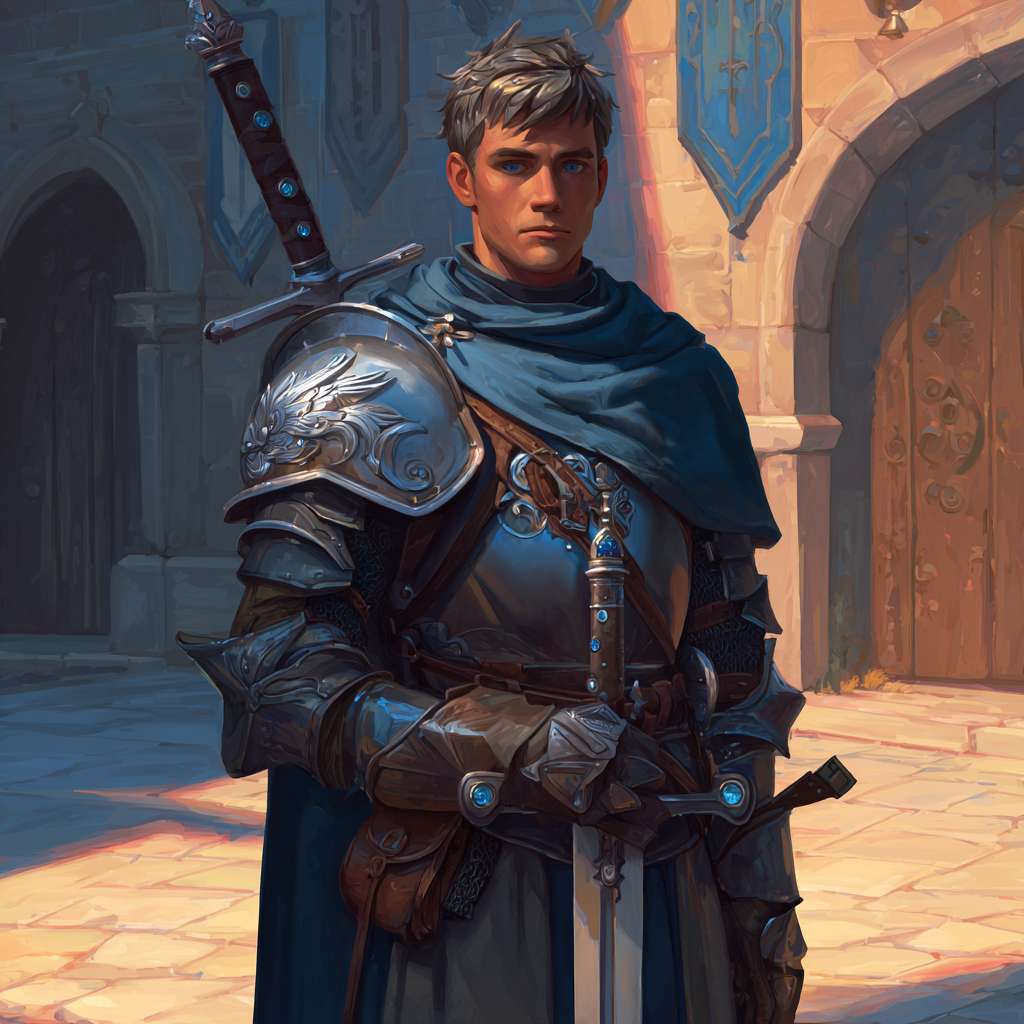 人物像素画。游戏立绘风格。
A young human knight standing confidently in a medieval courtyard at dawn, bronzed skin from years of training under the sun, deep brown short hair with sun-bleached tips, piercing blue-gray eyes, a subtle stubble along his jawline; wearing polished steel half-plate armor with silver accents and a carved silver sea-hawk family crest on the right chest plate, a flowing deep-blue cloak with silver embroidery of a sea-hawk on the shoulder, a large two-handed longsword strapped on his back—hilt wrapped in dark-blue leather with sapphire gems at the guard; a dark-brown leather belt holding a small medicinal pouch and rations pouch; cinematic lighting highlighting the gleam of his armor and the determined yet approachable expression on his face --ar 1:1 --v 7 --stylize 100 --fast --no 水印