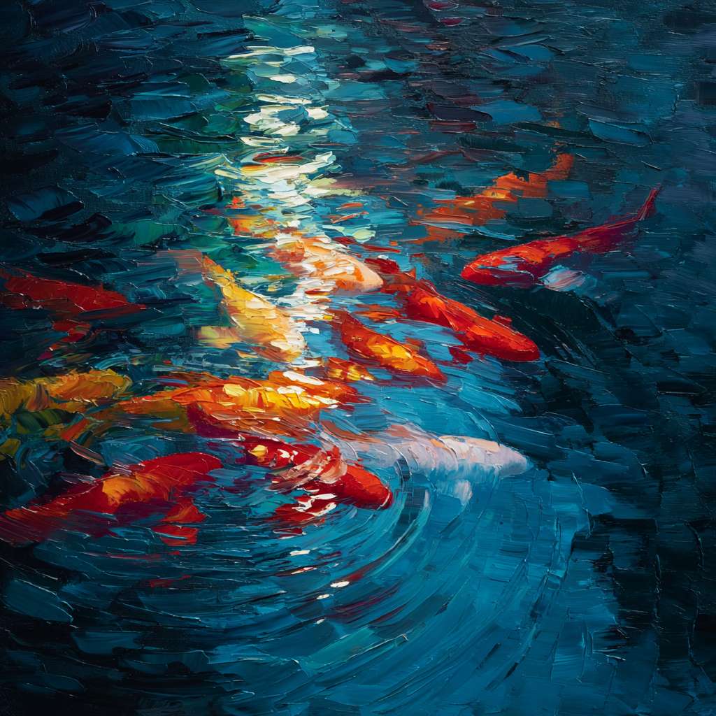 Surreal blue aquarium with colorful light ripples, koi fish shimmering in red and gold, bold brushstrokes for texture and movement, abstract. --ar 1:1 --v 7 --stylize 100 --fast