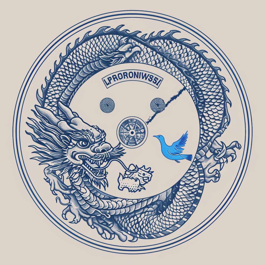``prompt
Minimalist round badge for T-shirt sleeve, Yin-Yang concept: Chinese dragon head and Thailand snake head merged as one, IPSC target center, thin blue peace dove outline, monoline art, single color imprint --ar 1:1 --v 6 --stylize 100 --fast --no gradient