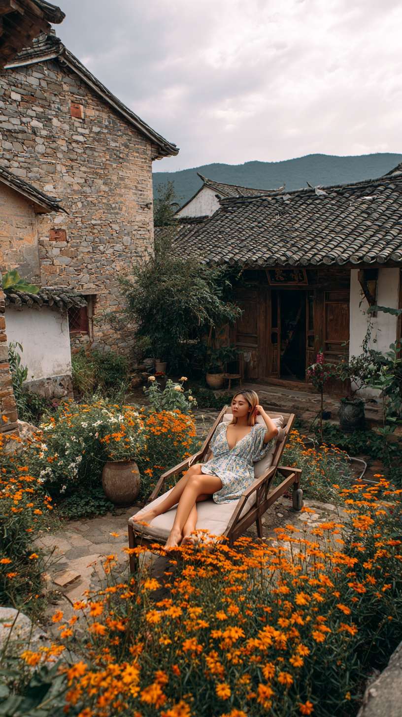 在一个白墙灰瓦的大理小院子里，一个美女在躺椅上悠闲的躺着晒太阳，院子里开满了花 --ar 9:16 --v 7 --stylize 100 --fast --no 水印