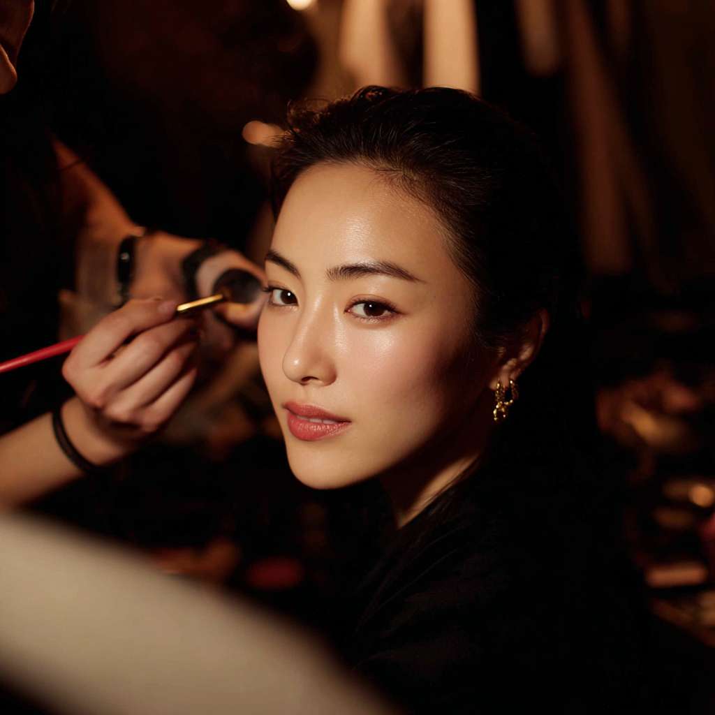 女演员在后台化妆，有化妆师在帮她补粉，她看着一面专业的灯光化妆镜，还有造型师帮她在弄头发，灯光比较暗，画面是一个暖色调 --ar 1:1 --v 7 --stylize 100 --fast --no 水印