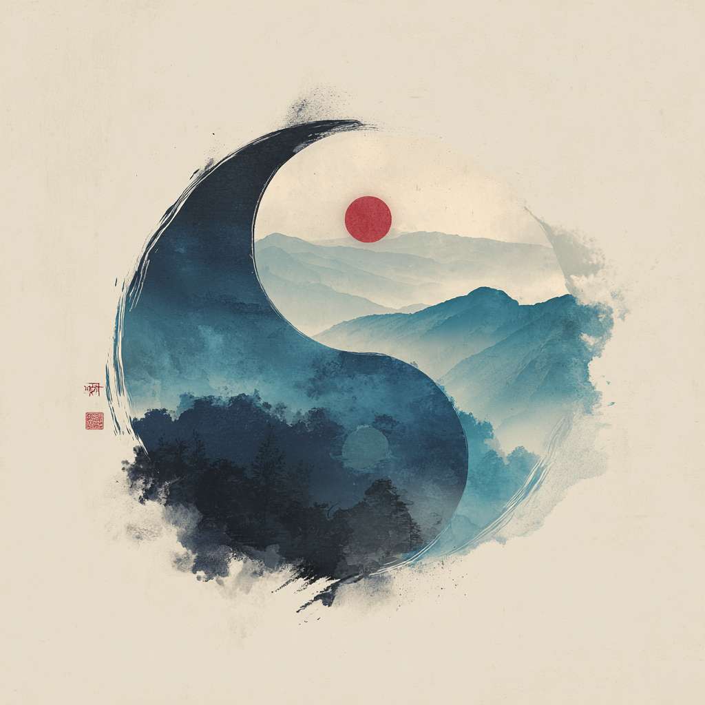 机翻 · 通用领域
The circular logo adopts the traditional Chinese ink Tai Chi symbol (not a circle), with alternating shades of blue, black, and white. It is surrounded by a hazy silhouette of a blue mountain range, with a red dot in the center and a pure white background. It has a Zen style, simple design, no text, no watermark, high resolution, vector graphics, and white space at the edges of the image. Pay attention to the artistic conception of the image, and have a combination of movement and stillness --ar 1:1 --v 7 --stylize 100 --fast --no 水印