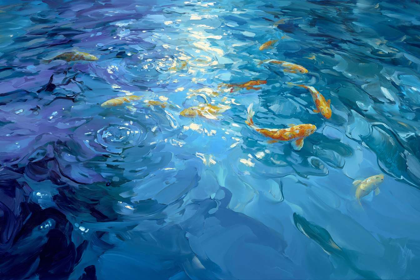 Dreamlike blue water with fractured light and gliding koi, expressive brushwork capturing light and flow, oil. --ar 3:2 --v 7 --stylize 100 --fast