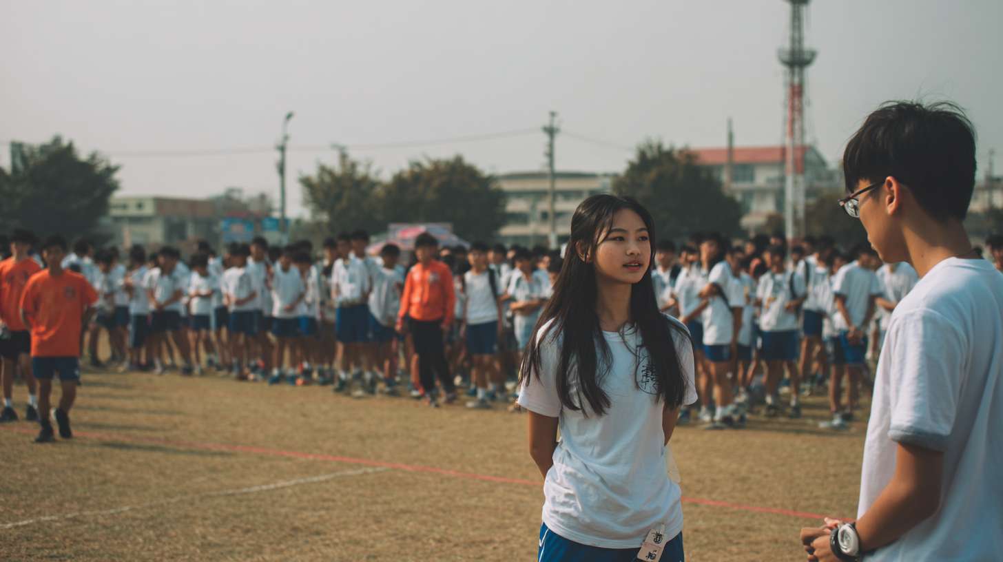 一群学生在操场上跑操，远处一个老师在和一个同学交流 --ar 16:9 --v 7 --stylize 100 --fast --no 水印