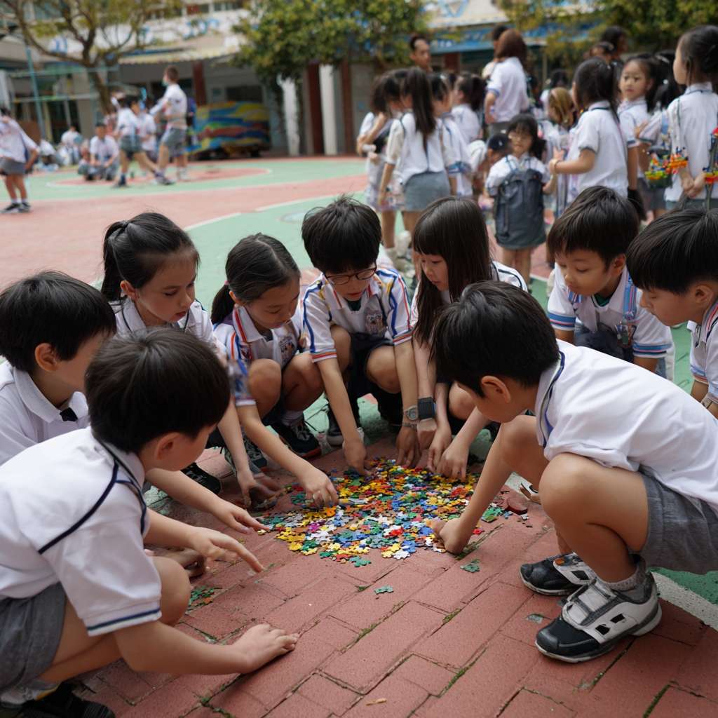 一班小六穿校服的學生們在校園裡圍成一個半圓形，以熊貓為主題，學生們一起將積木併上瀕危動物圖案玩集體遊戲 --ar 1:1 --v 7 --stylize 100 --fast --no 水印
