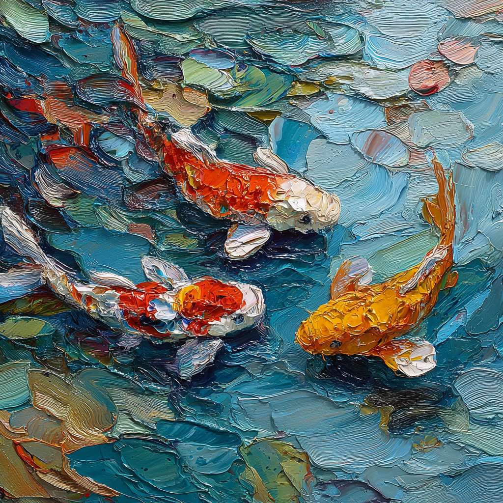 Surreal koi in blue water amid 五彩光影，thick impasto for water, thin lines for fish, oil. --ar 1:1 --v 7 --stylize 100 --fast --no 水印