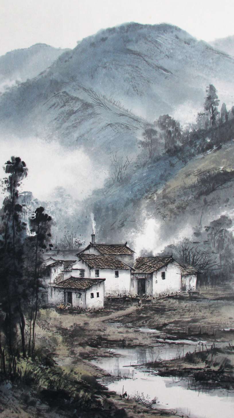**新手村** (`village.jpg`, 750x1334px)
   - 远山、茅屋、炊烟袅袅的水墨画风格
   - 色调：淡雅、偏灰蓝 --ar 9:16 --v 7 --stylize 100 --fast --no 水印
