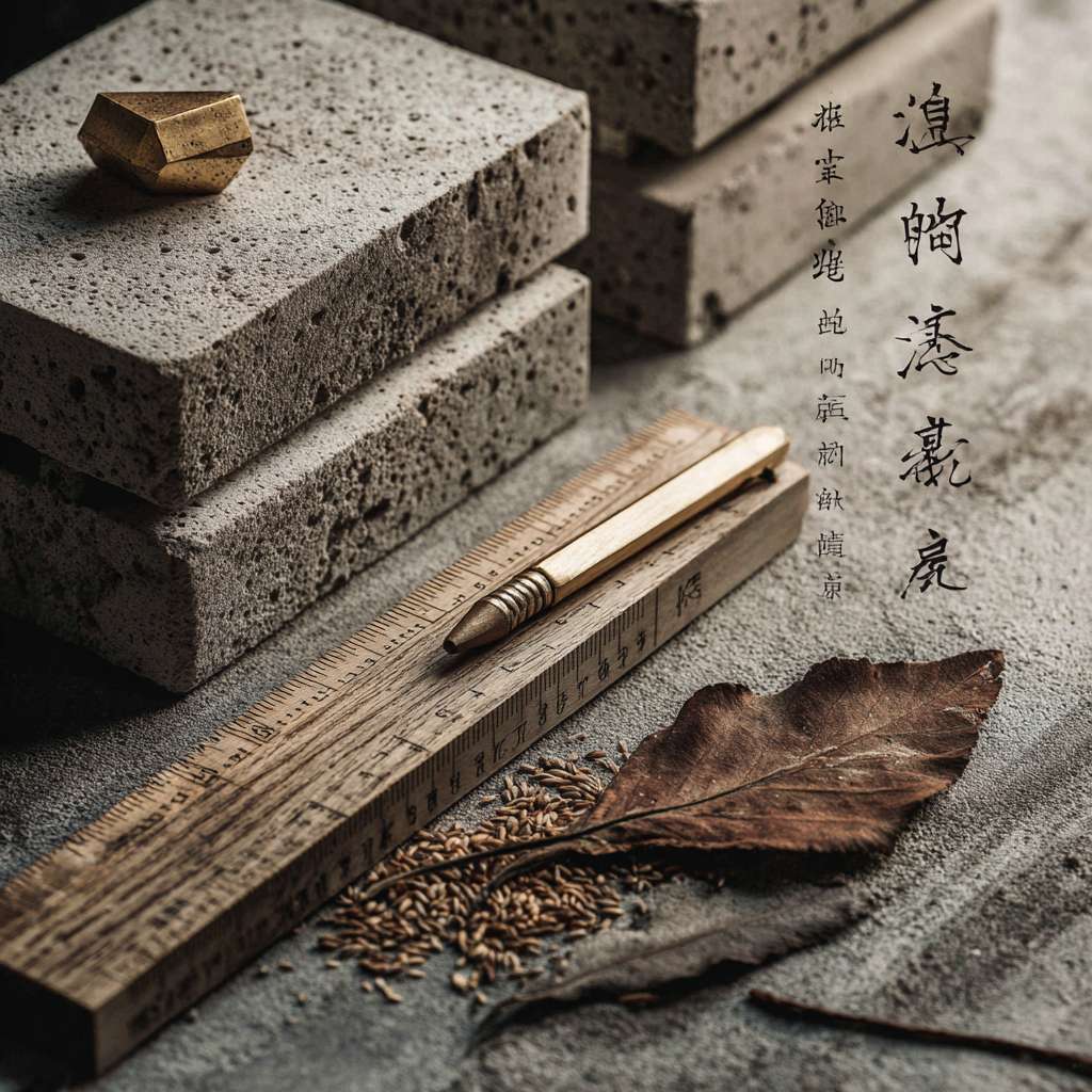 视觉焦点： 一张非常有质感的特写照片，可以是建筑水泥的细腻纹理、木质模板的印记、或是一把干净的黄铜尺规躺在建筑设计图上。图上可能有一片枯叶或几粒麦穗。
文案排版：

主标题： 处暑 丨 收夏色，动秋声

副标题： 热度沉淀，品质浮现

主体文案： 告别盛夏的喧嚣，沉淀匠心，于秋日静默中，雕琢每一寸空间。 [公司名称]，与您共筑美好未来。

公司Logo 采用烫金或压印效果，低调地放在角落。
配色： 高级灰、水泥色、暗金色、黑色。
风格： 突出建筑的肌理、材料的质感和行业的精密特性，显得非常专业、可靠、有内涵。

（效果描述：海报看起来像一本高端杂志的封面，充满了触感和细节，让人立刻感受到公司对质量和细节的追求。） --ar 1:1 --v 7 --stylize 100 --fast --no 水印