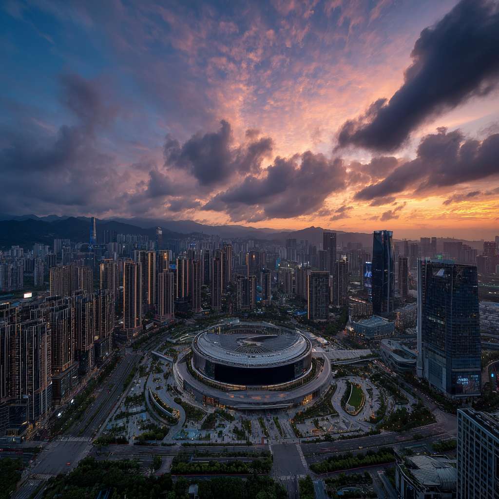 画面是整个城市的全景，城市里高楼林立，城市的中间有一个单独矗立巨大的LED屏幕，屏幕一开始是黑的，不起眼的。 --ar 1:1 --v 7 --stylize 100 --fast --no 水印