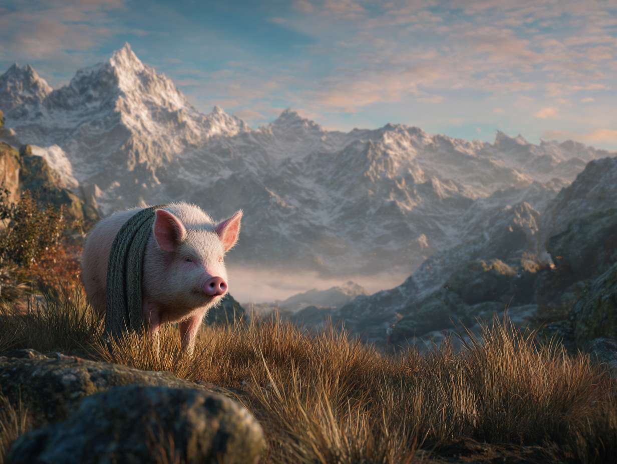 Photorealistic cinematic image，A pale pink pig on the grass next to the mountaintop, facing away from the camera,it also it's a scarf around it head, which is partially covering it face, giving her a mysterious look.Overall, these images convey a sense of desolation and grandeur, possibly telling a story about adventure, and emotional expressions all suggest that this may be a work with a strong narrative and visual impact,with a rocky mountain range behind it, and fog connecting the mountain range, full of warm colors and ultra high definition real materials,highly detailed photo. --ar 4:3 --v 7 --style raw --stylize 100 --fast