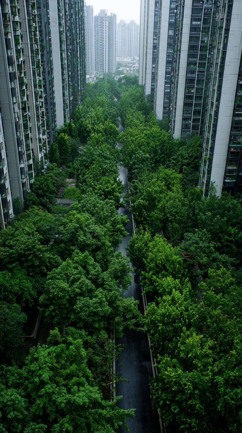 充满生机的城市绿化景观：郁郁葱葱的行道树、小区内的绿荫 --ar 9:16 --v 7 --stylize 100 --fast --no 水印