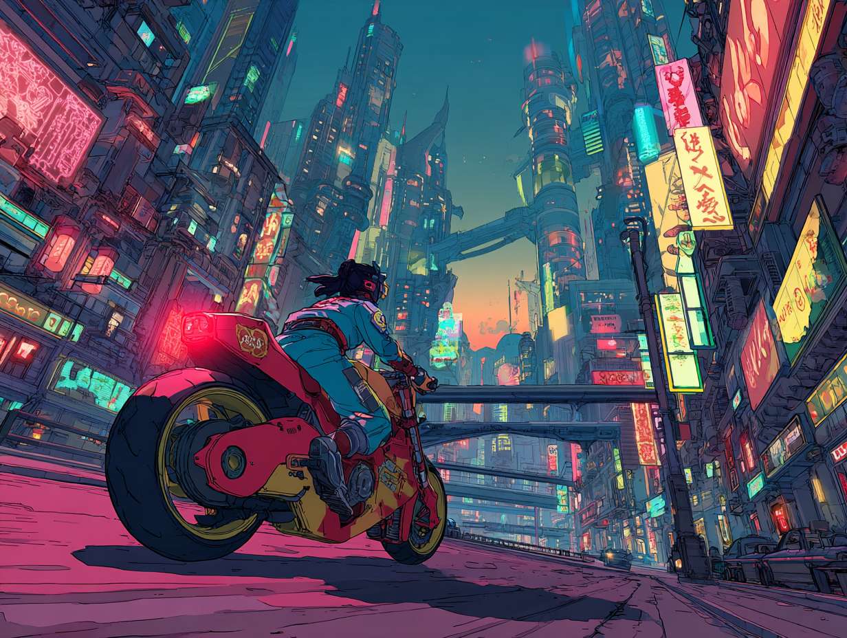 《哪吒重生》赛博朋克风，科幻炫酷的街道，全景，主人公驾驶摩托车在街道行驶 --ar 4:3 --v 7 --stylize 100 --fast --no 水印