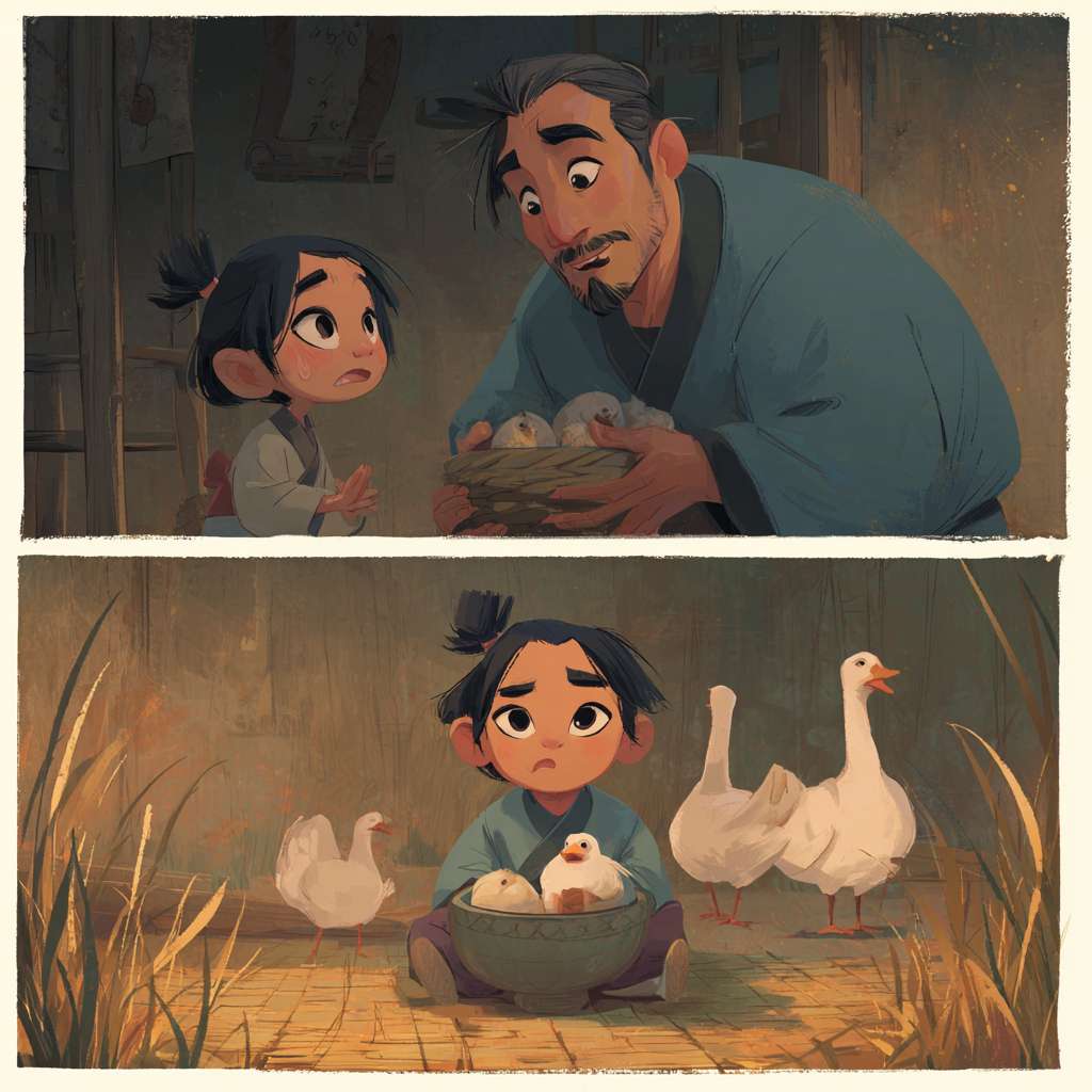 prompt
Double-register illustration in Tang Dynasty style. Upper register: Inside a rustic farmhouse hall, a man, John, in a blue布长衫 holds a bamboo basket containing a tiny, frail Wilbur. Young Fern, with tearful eyes and a pleading expression, tugs at her father's sleeve. Lower register: Fern sits on a grass mat in the meadow, cradling Wilbur on her lap, a ceramic feeding bowl beside her. In the background, several Tang-style white geese wander gracefully. The scene captures both drama and tenderness, Chinese storybook style, expressive figures, warm and soft lighting. --ar 1:1 --v 7 --stylize 100 --fast --no 水印
