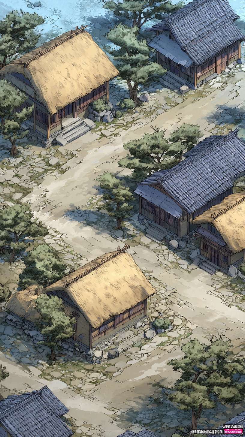 新手村
750x1334px
构图:竖版全景,下方 2/3 为村落(3-4 间茅屋、竹篱笆、石板路),上方 1/3 为远山(层峦叠嶂)核心元素:- 茅屋:稻草屋顶(焦墨点画)、竹木结构(淡墨线条)- 炊烟:淡墨留白,呈 “S” 形飘散- 点缀:村口老槐树(浓墨枝干、淡墨树叶)、田埂小路
主色调:灰蓝色(R150-170, G160-180, B180-200)辅助色:- 屋顶稻草:暖灰色(R160-170, G150-160, B130-140)- 树叶:淡绿色(R140-150, G160-170, B130-140)统一适配:灰蓝色与其他场景主色调明度对齐(保持 30%-85% 区间)
1. 炊烟用 “淡墨晕染 + 留白” 技法,与竹林的薄雾笔触一致2. 茅屋线条粗细与武馆的木架线条保持统一3. 远山墨色层次与山间小路的云海层次一致 --ar 9:16 --v 7 --stylize 100 --fast --no 水印