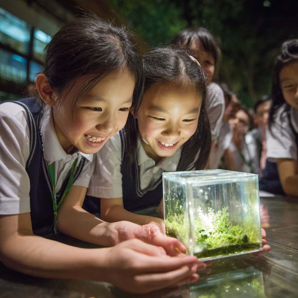 有2位穿著校服的華人小學生開心的表情雙手托起一個螢火蟲的正方體透明小盒子，盒子內的螢火蟲在青苔上發光 --ar 1:1 --v 7 --stylize 100 --fast --no 水印