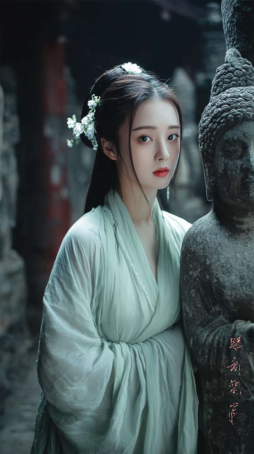 https://img-xpc-mj0.xpccdn.com/prod/upload/0848c7ae-1ee4-4394-87aa-9cb112a99c60/2-1.png~tplv-5yakomv5zn-auto-v1%3A1024%3A0%3Aq75.jpg 参考图片中的女人和佛像：一个身着飘逸青衣的绝美女子从破败的寺庙的佛像柱子后缓步走出，容貌清丽脱俗，眼神带着一丝哀愁。 --ar 9:16 --v 7 --stylize 100 --fast --iw 1 --no 水印