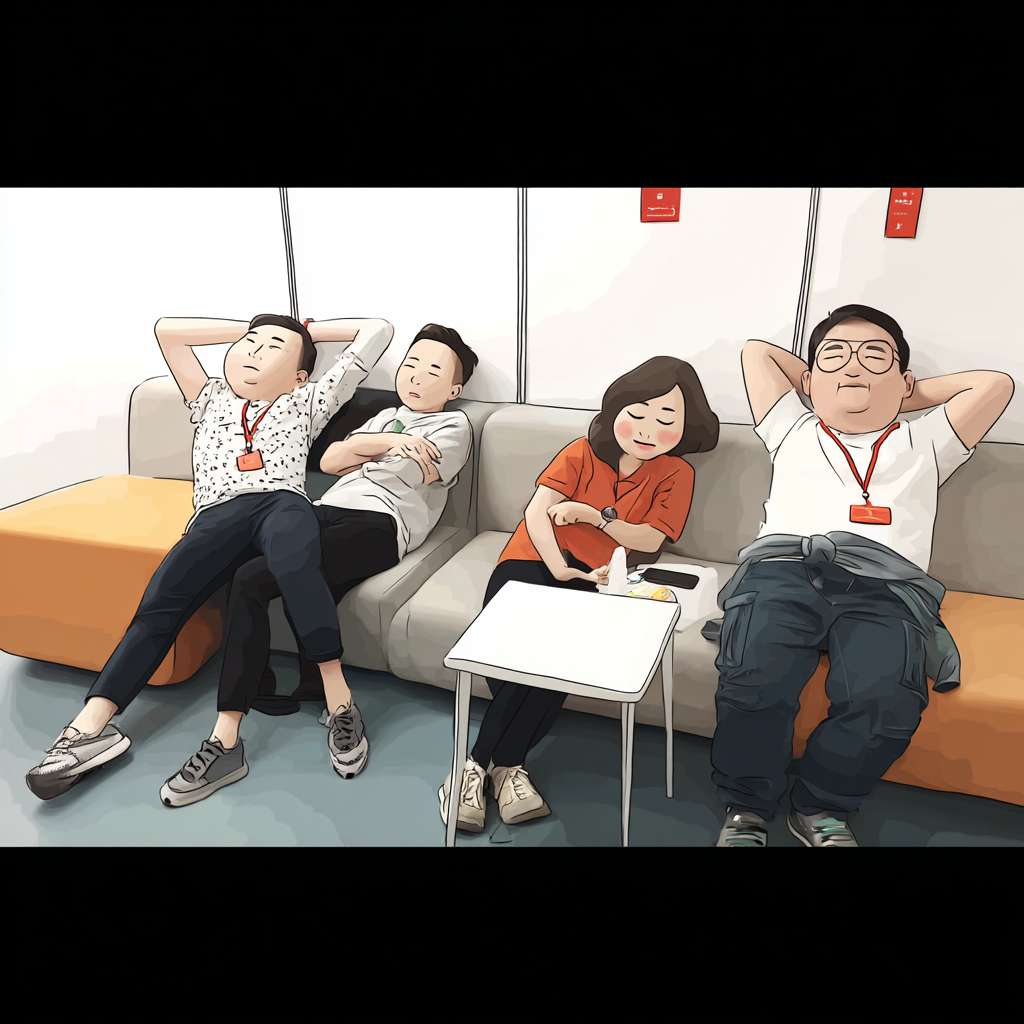 https://img-xpc-mj0.xpccdn.com/prod/upload/fc54d23e-863d-4a3d-a08a-155b4e371e95/DSC05182.JPG~tplv-5yakomv5zn-auto-v1%3A1024%3A0%3Aq75.jpg 参考图片场景，显示4个人在场景内以不同姿势在沙发上休息的卡通图片，画面清晰，人物显示完整并且佩戴红色挂绳工牌，墙体白色 --ar 1:1 --v 7 --stylize 100 --fast --iw 1 --no 水印