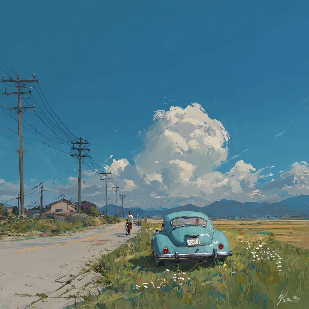 乡间小路，汽车行驶 --ar 1:1 --v 7 --stylize 100 --fast --no 水印