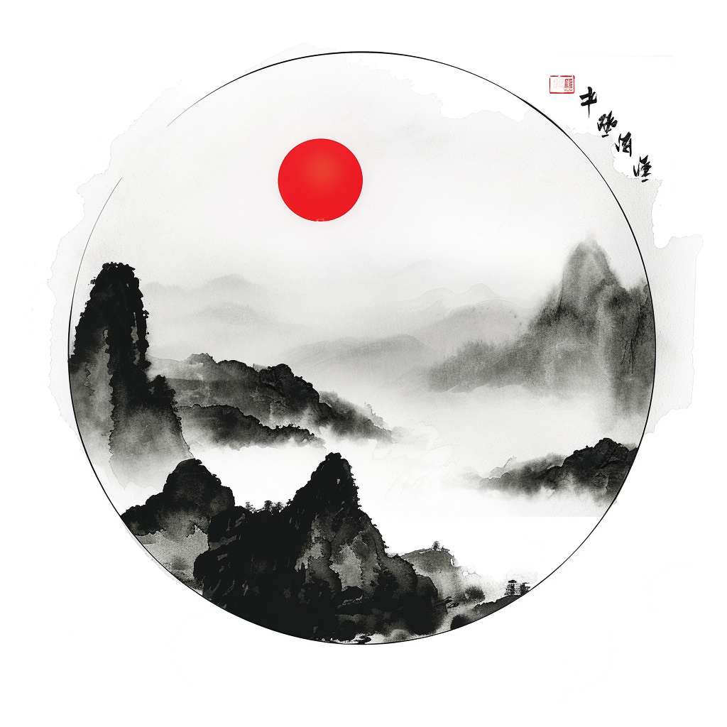 Chinese ink painting style, circular Tai Chi symbol, black and white with single red dot, surrounded by faint misty mountains, pure white background, minimalist Zen style, no text, no watermark --ar 1:1 --v 6 --style raw --stylize 100 --fast